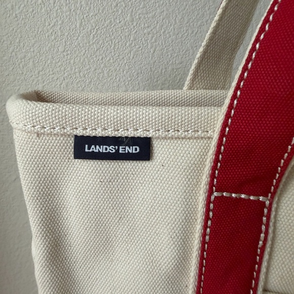 Lands End 100% Cotton Zip Top Canvas Heavy Duty Tote Bag L Ivory/Red | Travel - Picture 5 of 11